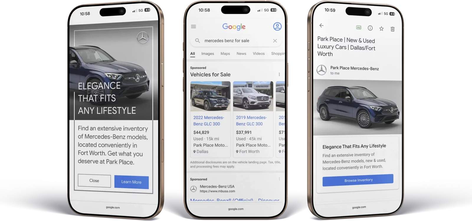 three phones showing a display ad, a vehicle listing ad and a gmail ad