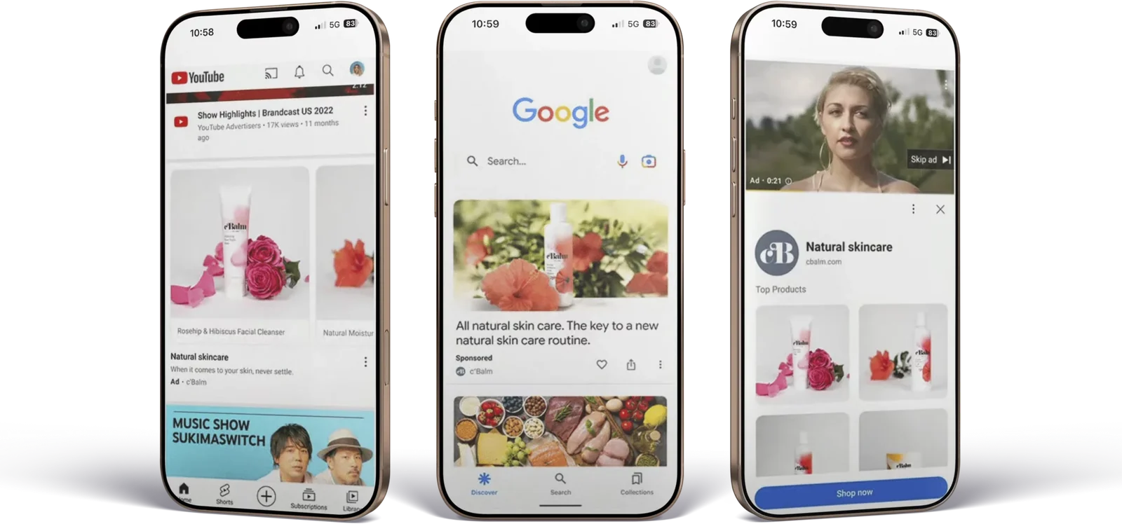 three phones showing youtube and discover ads for a skincare brand