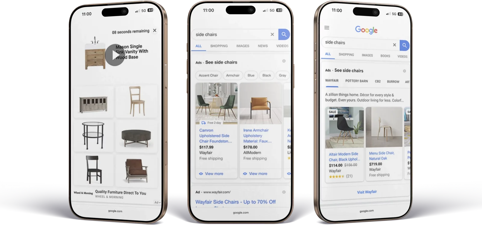 three phones showing a video ad, shopping ads and search ads for the same brand