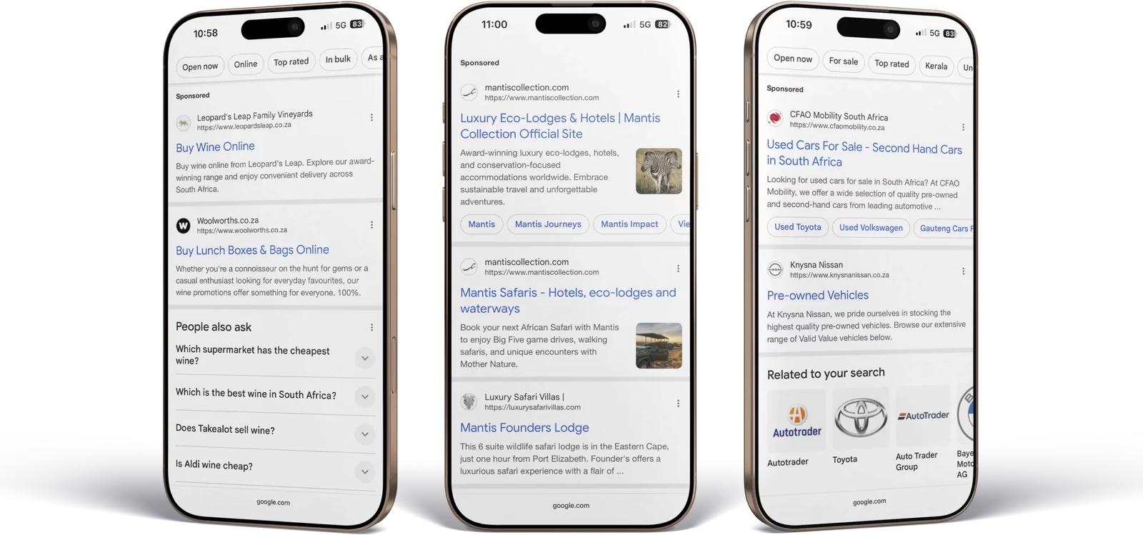 three phones showing sponsored google search results for clients