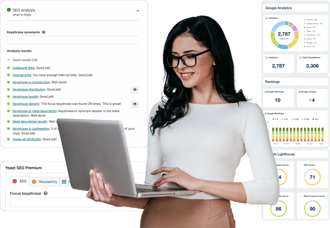 a smiling woman with a laptop between seo analysis and google analytics panels