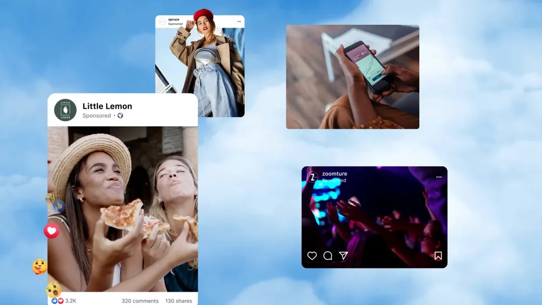 sponsored social posts floating on a blue sky