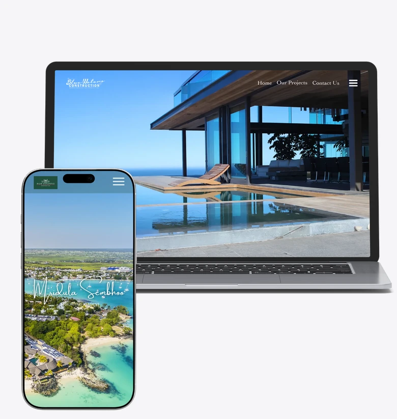 a blue waters construction site on a laptop and a pam golding mauritius site on a phone