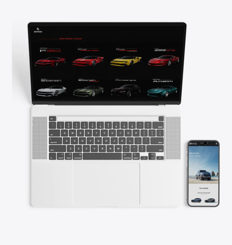 a ferrari model range on a laptop and a byd shark site on a phone