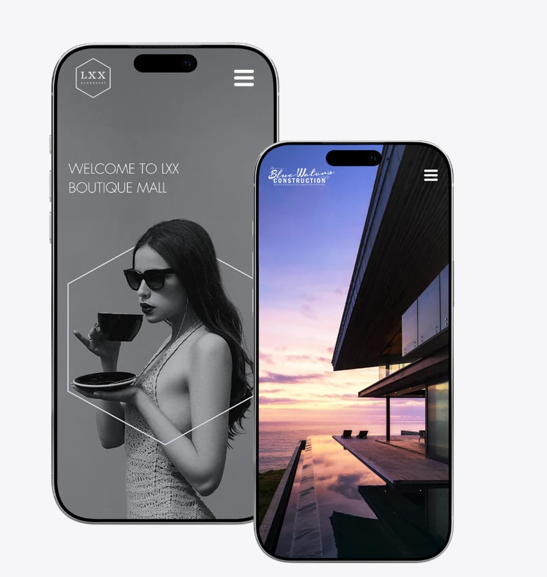 lxx boutique mall and blue waters construction microsites on two phones