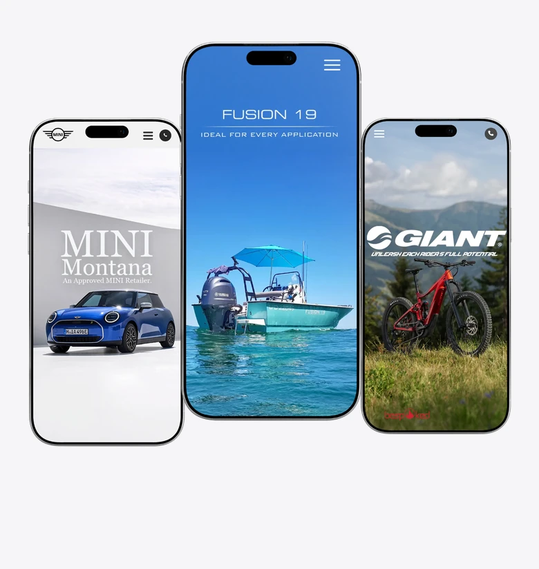 mini montana, fusion 19 and giant bicycles microsites on three phones