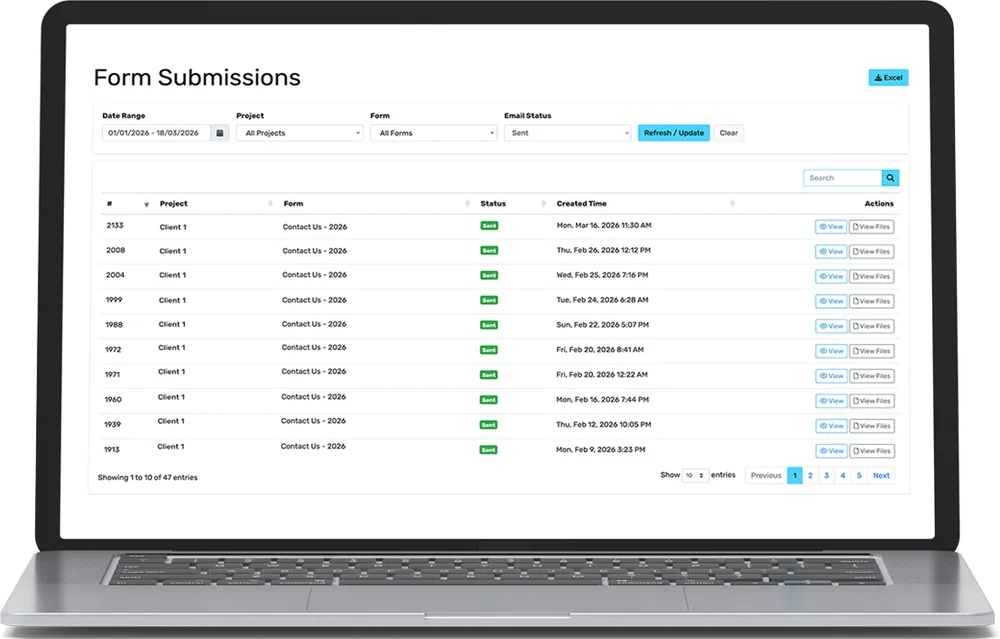 a form submissions dashboard on a laptop listing contact form entries