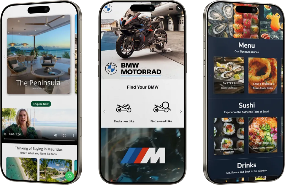 three phones showing microsites for a mauritius property, bmw motorrad and a seafood restaurant