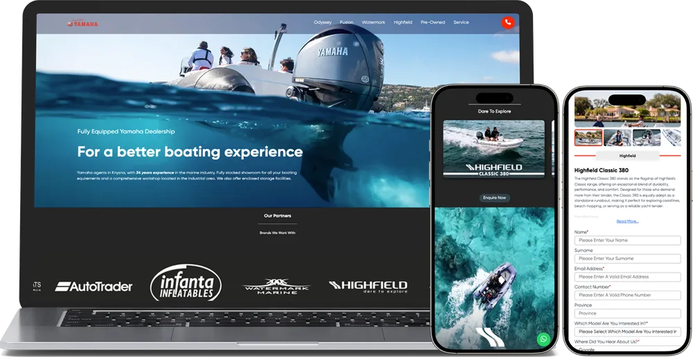 a yamaha boating microsite on a laptop and two phones