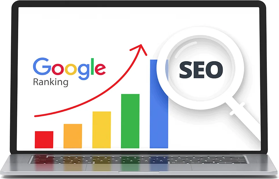 a laptop showing a rising google ranking chart and an seo magnifying glass