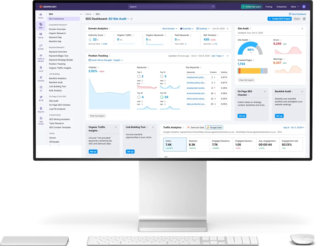 an seo dashboard on a desktop monitor showing domain analytics, position tracking and site audit