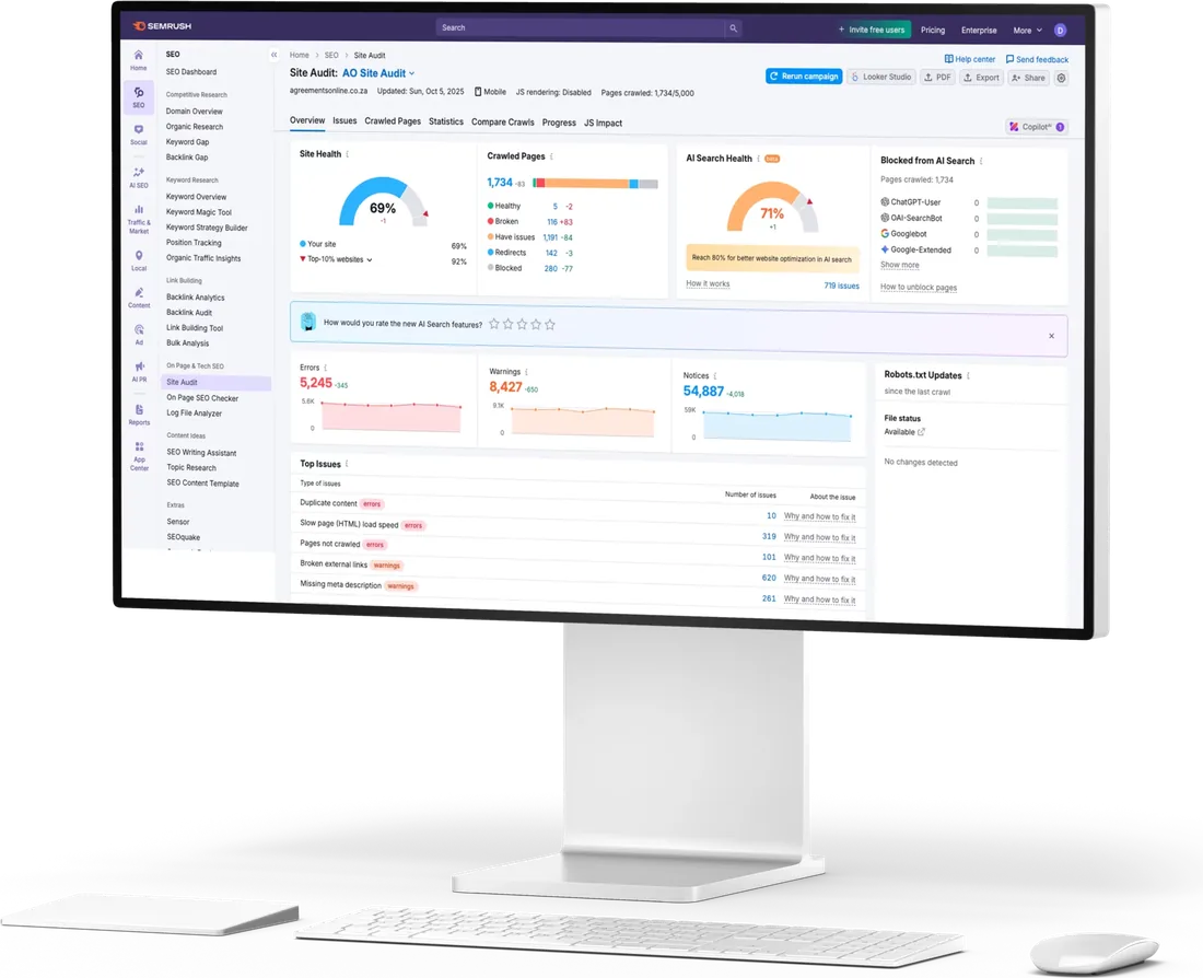 a site audit on a desktop monitor showing site health, ai search health and top issues