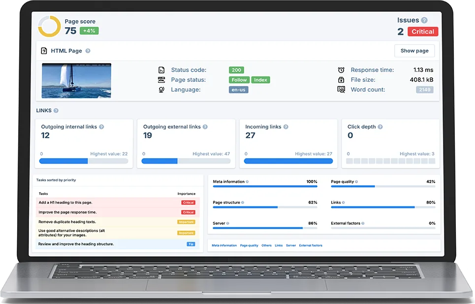 a page score report on a laptop with links, structure and server checks