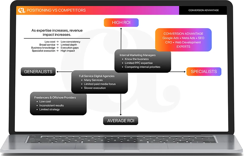 a conversion advantage positioning chart on a laptop, specialists with high roi