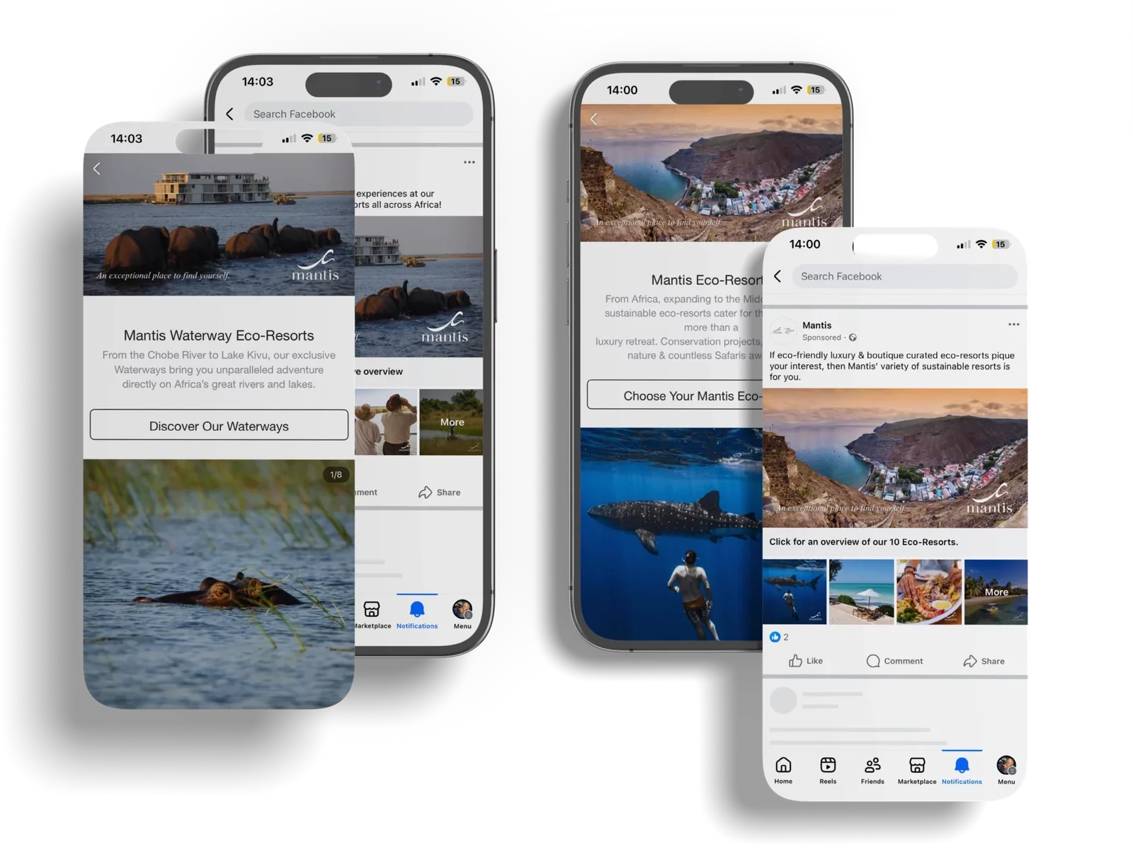 four phones showing mantis eco-resorts facebook ads and instant experiences