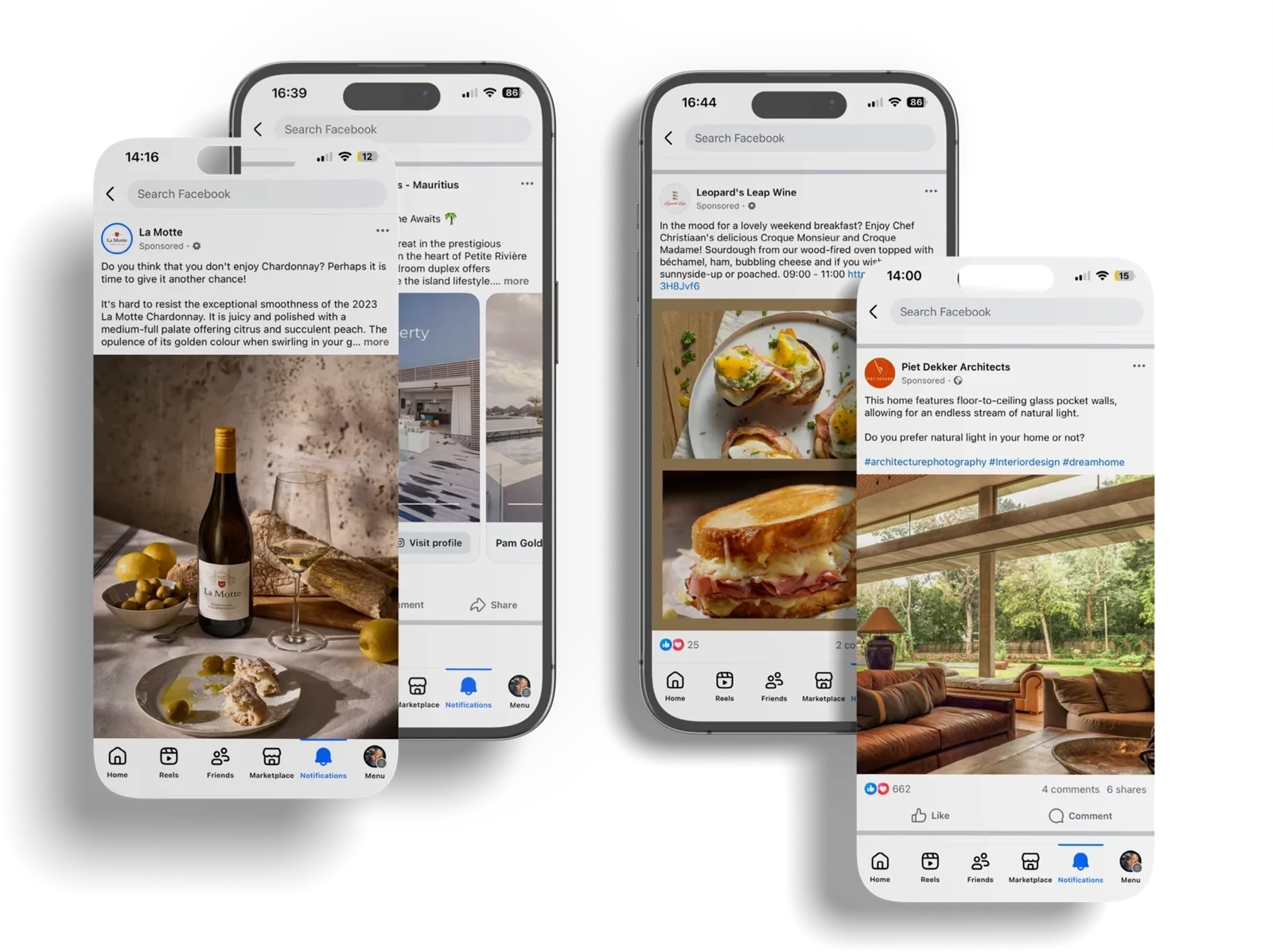 four phones showing facebook posts for la motte, pam golding, leopard’s leap and piet dekker architects