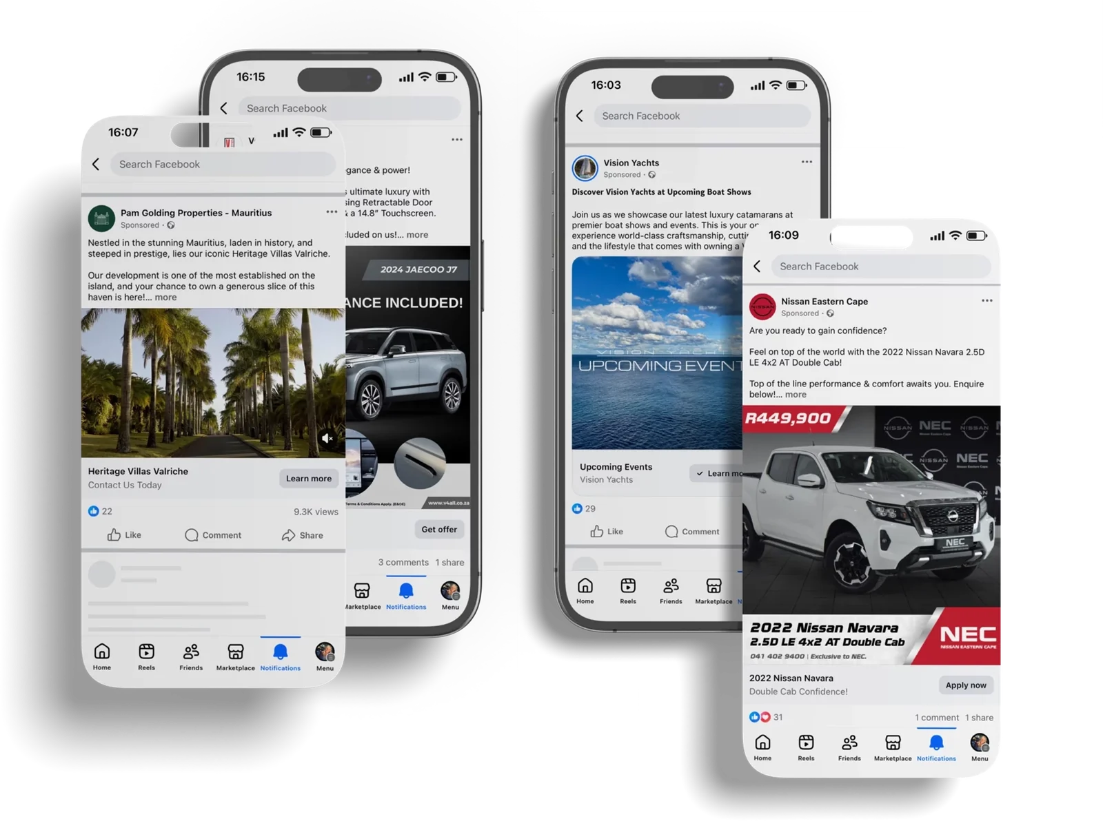 four phones showing pam golding, jaecoo, vision yachts and nissan eastern cape lead ads