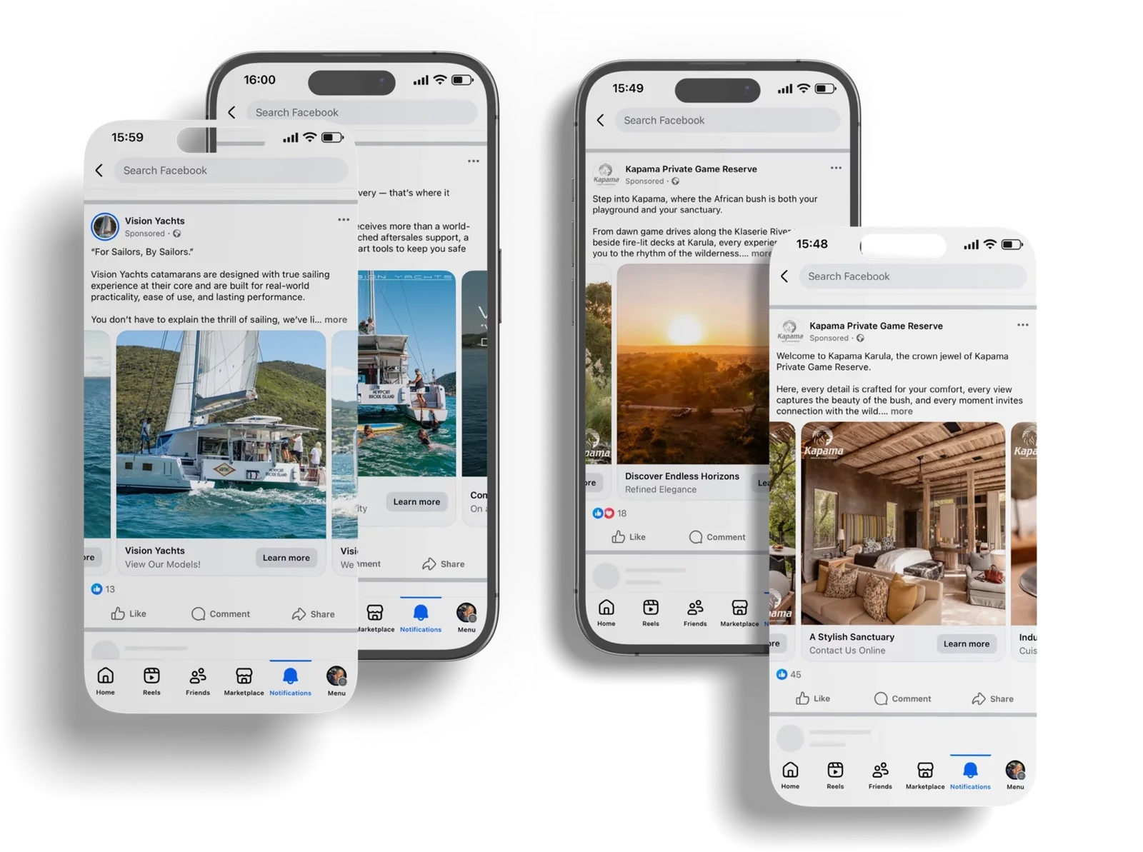 four phones showing vision yachts and kapama carousel ads with learn more buttons