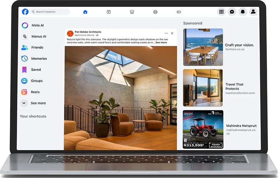 a facebook feed on a laptop showing a piet dekker architects post and sponsored ads