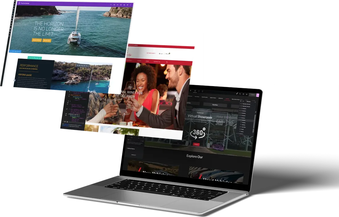 vision yachts, leopard’s leap and a car dealership site being built in divi and elementor
