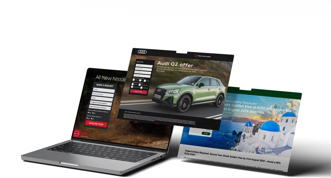 nissan, audi q2 and golden visa landing pages with enquiry forms