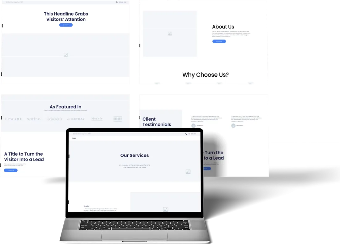 wireframe layouts for a website: hero, about us, featured in, testimonials and services