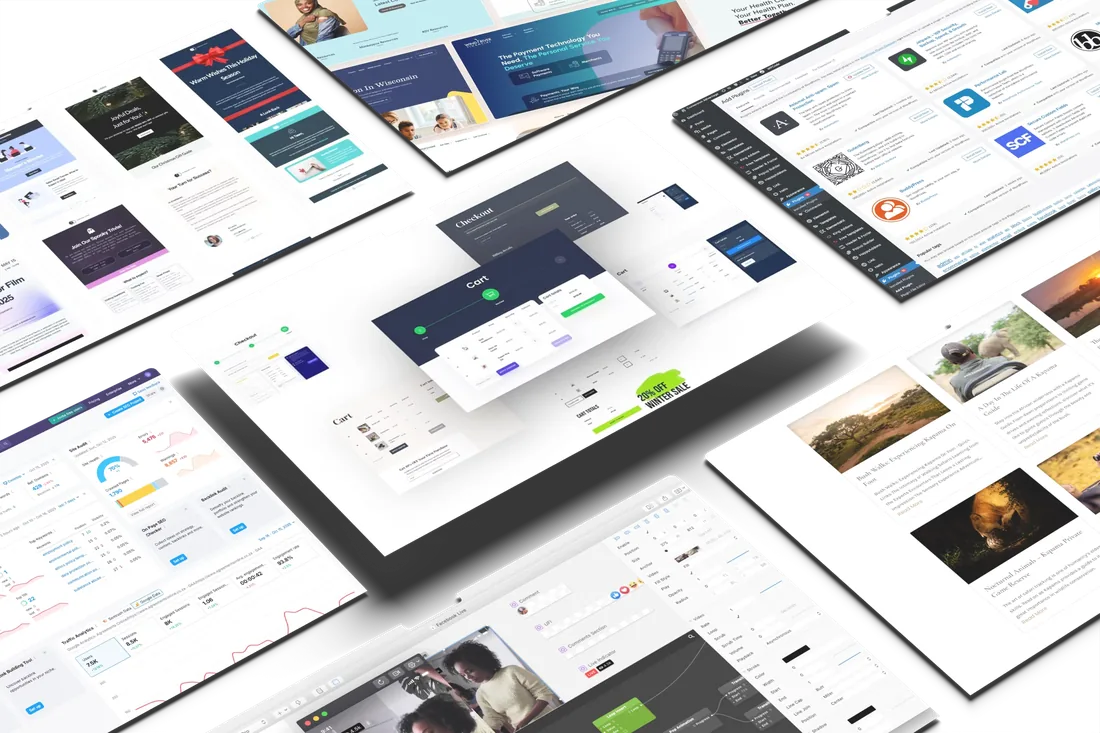 a collage of websites, email newsletters, checkout pages, plugins and seo dashboards